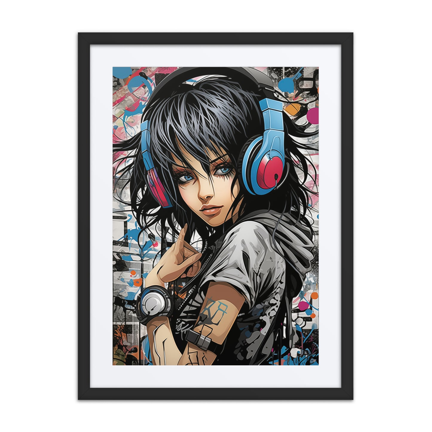 A vibrant print from the original painting, featuring bold imagery and vibrant colors that merge music and fashion in an anime-inspired style.