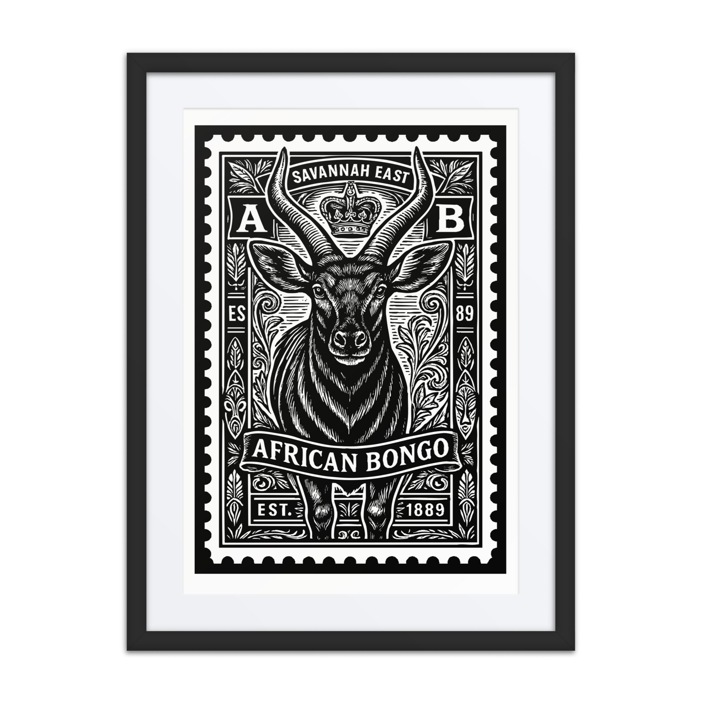 Black and white linocut stamp illustration of an African bongo antelope with spiral horns, framed by tribal motifs, foliage, and the words “Savannah East” and “1889”