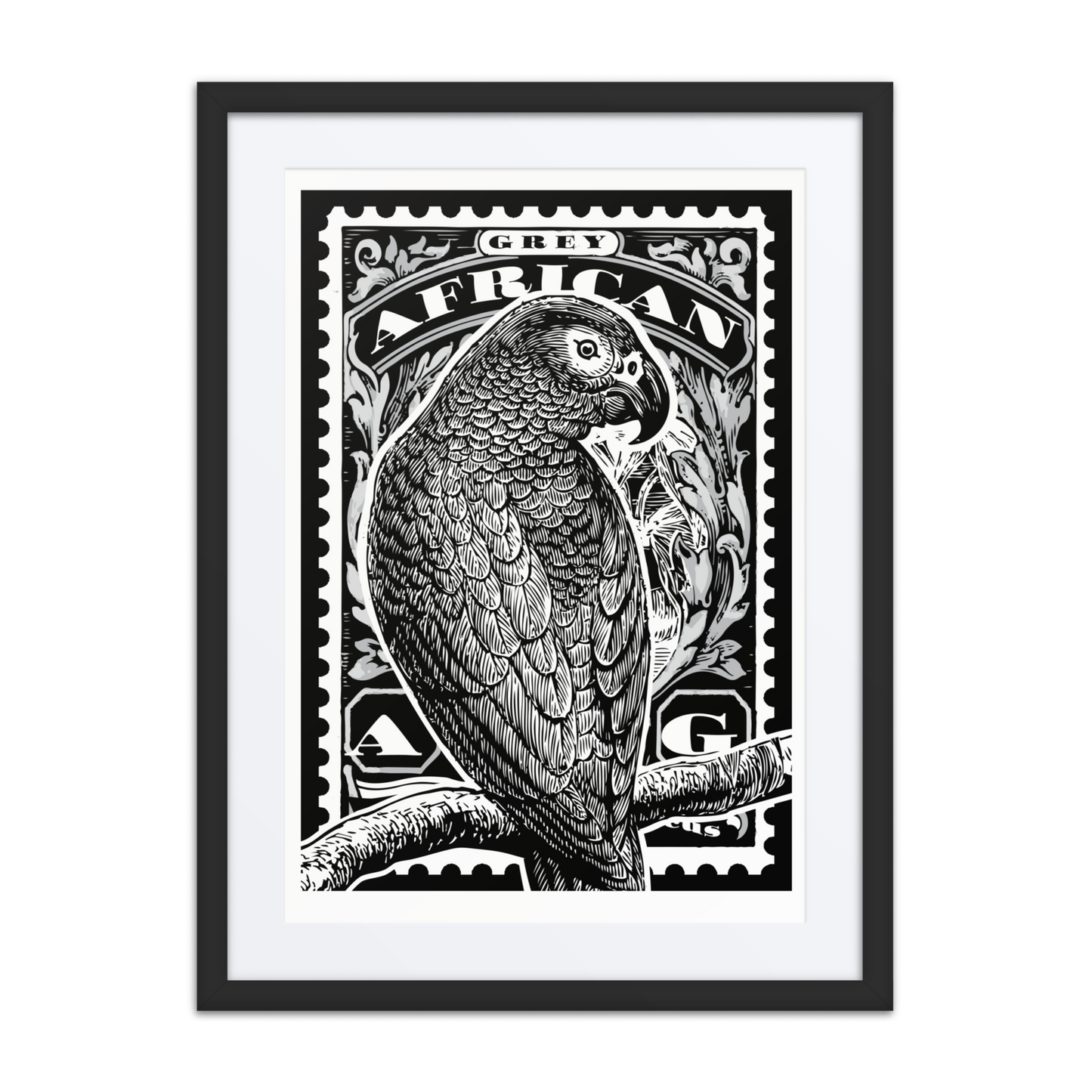 Linocut-style black-and-white stamp illustration of an African Grey Parrot perched diagonally on a curved branch, with flowing tail feathers extending off the frame and vintage decorative flourishes in the background.