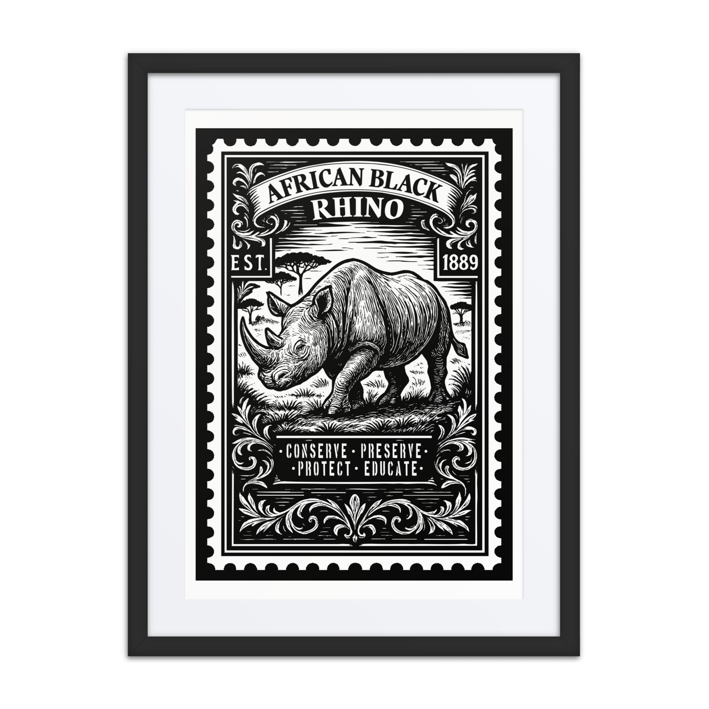 Linocut-style stamp illustration of an African Black Rhino walking across the East African savannah, surrounded by engraved botanical flourishes and conservation-themed text.