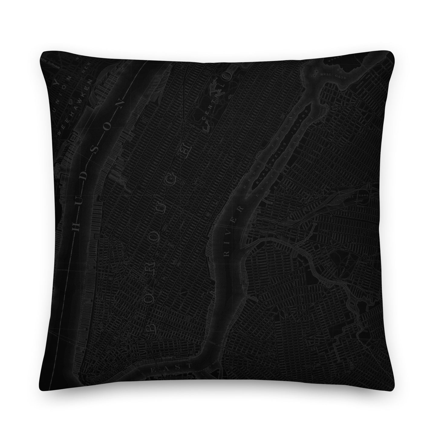 NYC Cartouche Throw Pillow featuring monochrome artwork of all five borough crests united in one vintage-style cartouche design.