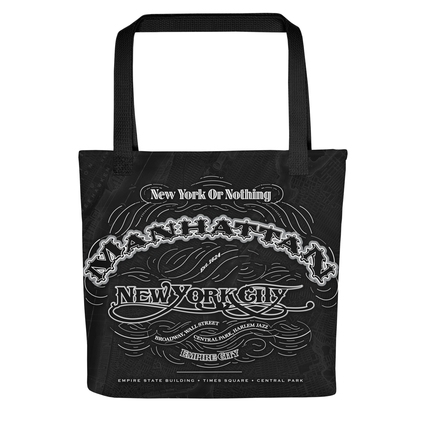 A durable canvas tote featuring the Manhattan Cartouche stamp art design in monochrome, displayed with city-inspired styling.
