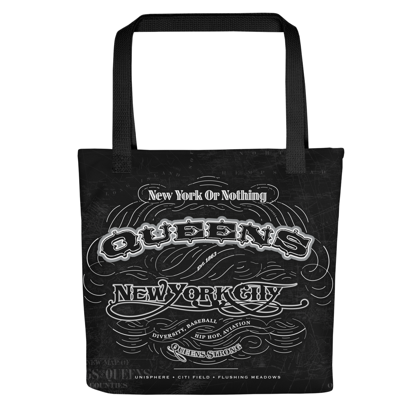 A durable canvas tote featuring the Queens Cartouche stamp art design in monochrome, styled to reflect the borough’s strength and diversity.