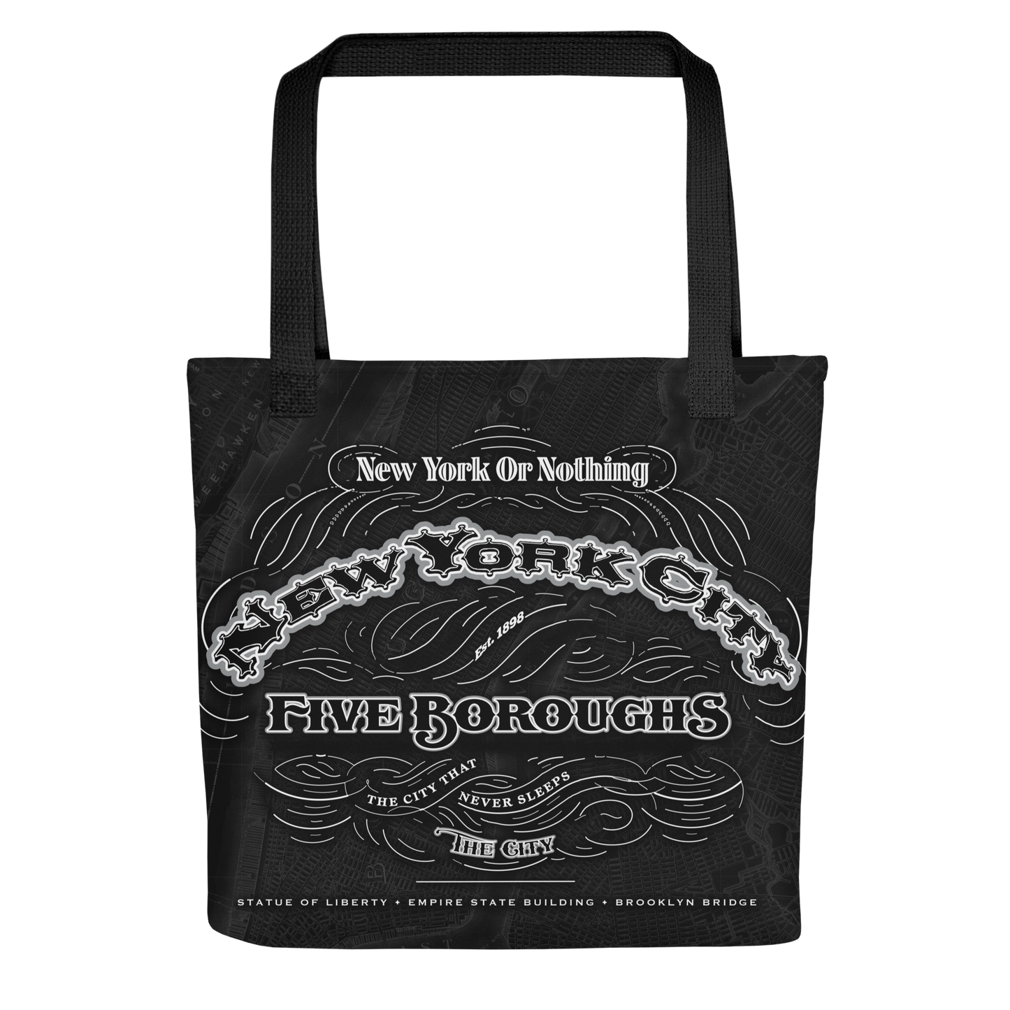 A durable canvas tote featuring the NYC Cartouche design with all five boroughs represented in monochrome stamp-inspired artwork.
