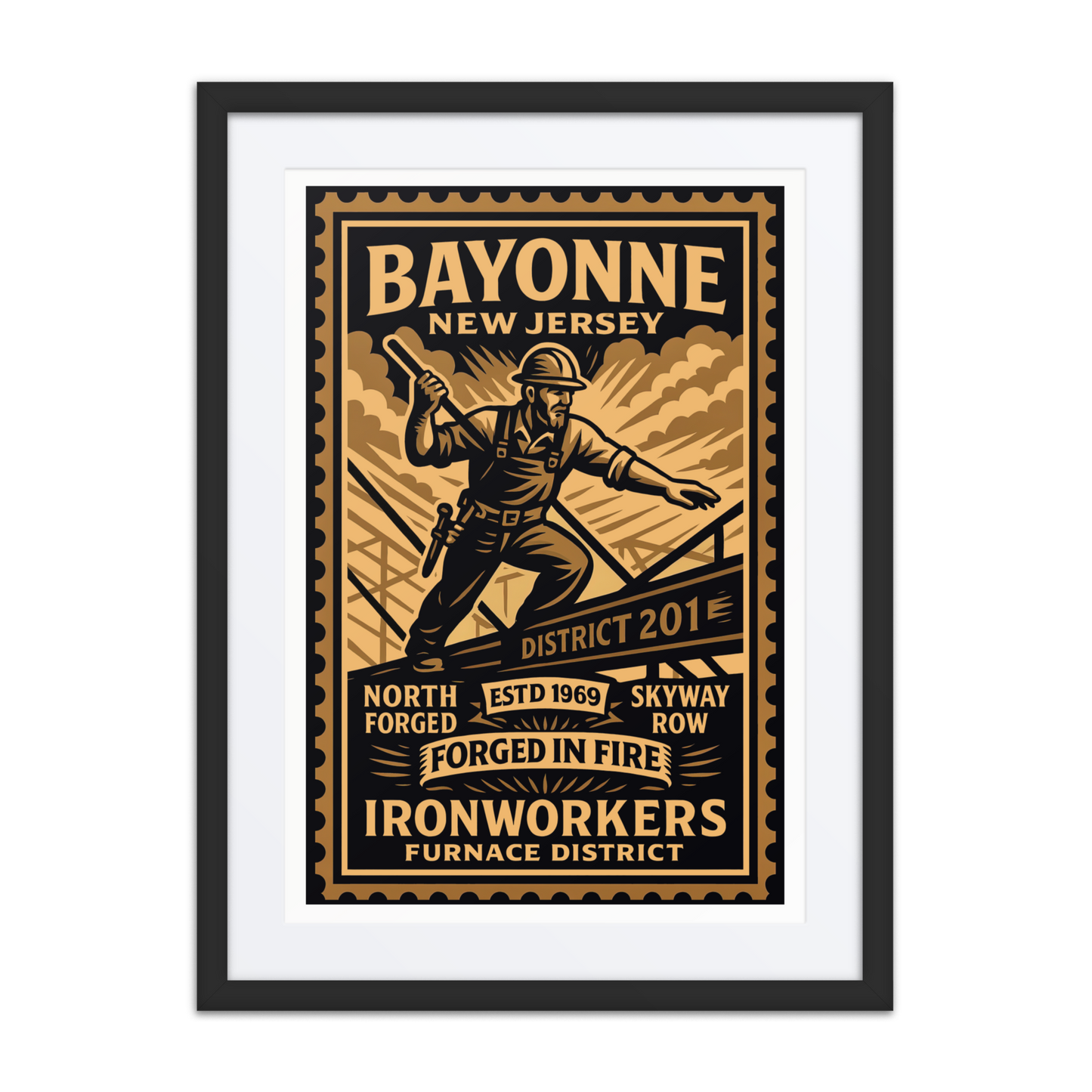 Vintage-style linocut print of a Bayonne dockworker forging metal near the waterfront, with smokestacks and cranes in the background.