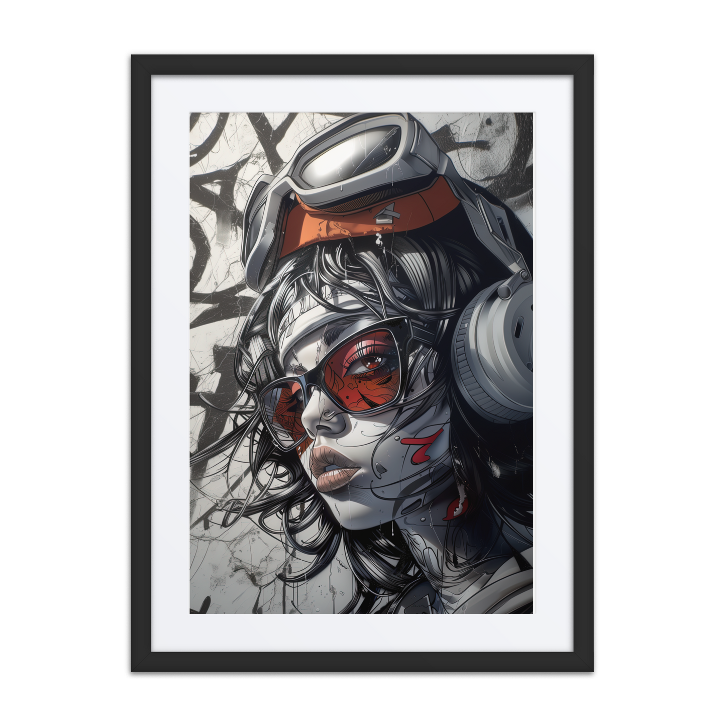 Blade – A hand-painted street art portrait of a rebellious woman in goggles and headphones, featuring graffiti elements and bold red highlights.