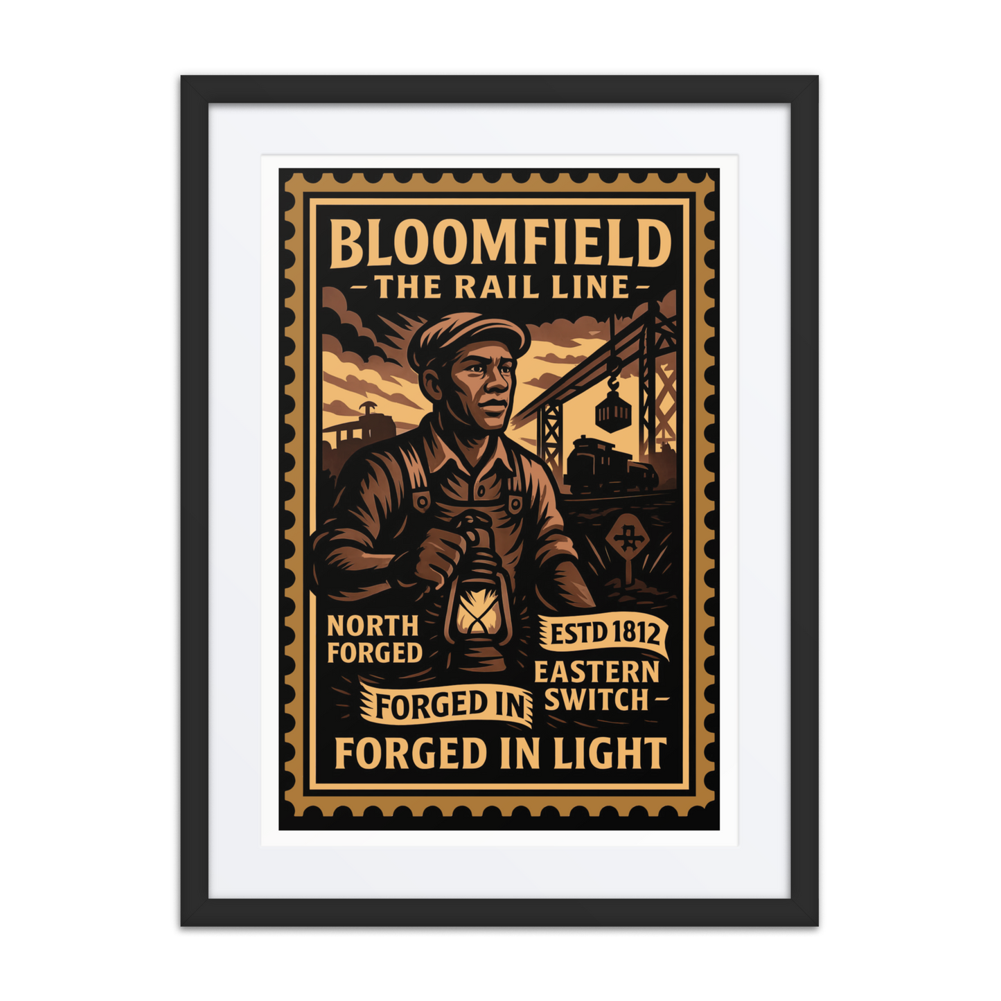 Vintage linocut-style print of a Bloomfield machinist operating a lathe, surrounded by flames and factory silhouettes.