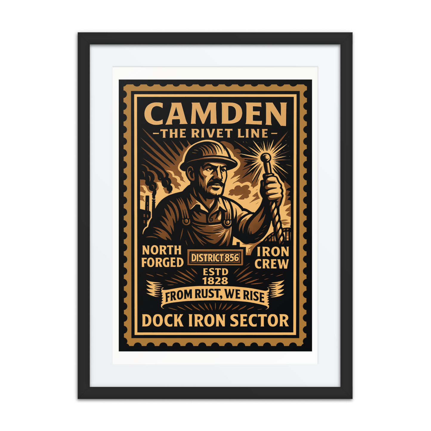 Linocut-style print of a Camden rail worker beside a freight train and smokestacks, with vintage industrial textures and stamped text.