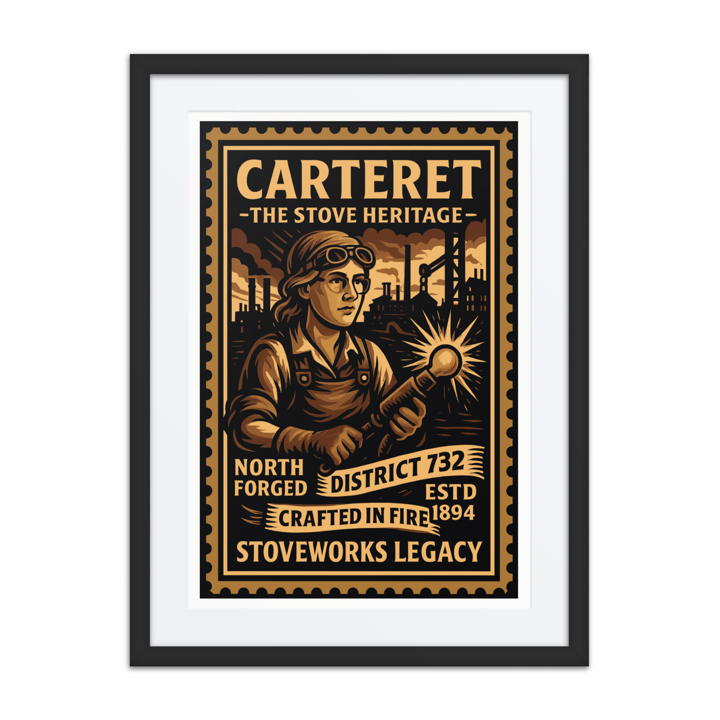 Vintage linocut-style print of a Carteret refinery worker with fuel tanks, pipelines, and smokestacks in the background, captured in warm industrial tones.