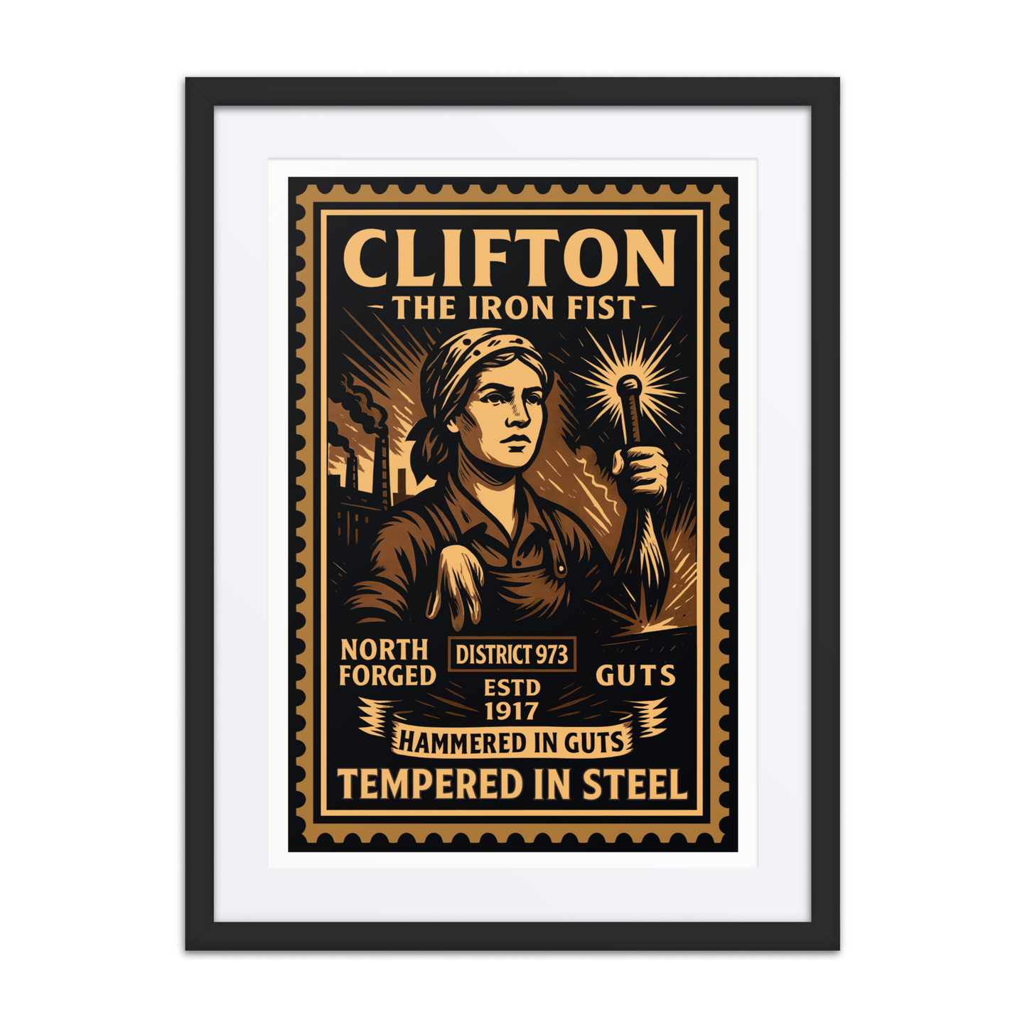 Linocut-style print of a Clifton factory worker gripping a large wrench with gears, sparks, and steel infrastructure in the background.