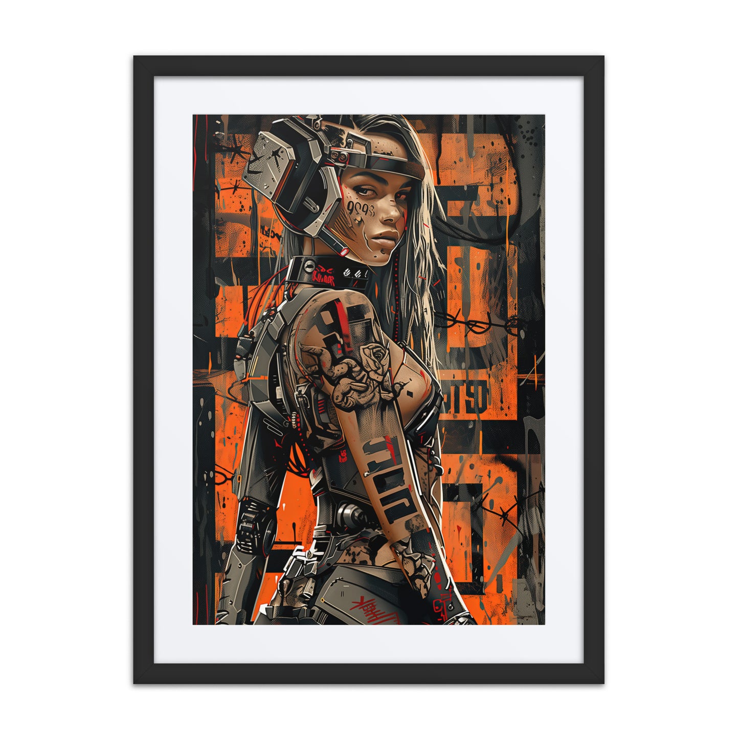 Cybernaut framed print of Doc, Operative No. 10 – female combat medic with trauma gear, injectors, and a glowing med-rig in battlefield shadows.