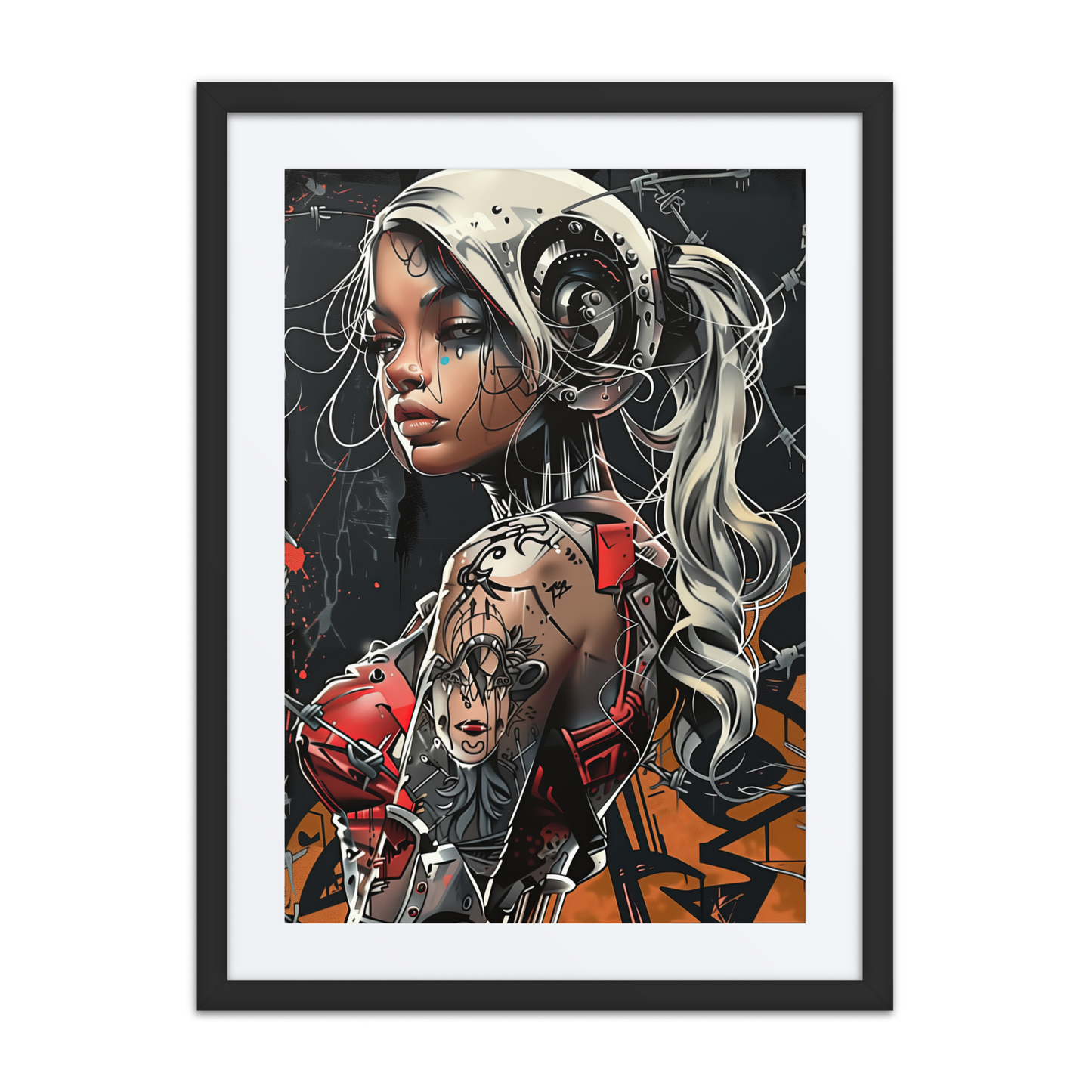 Cybernaut operative Riot surrounded by smoke and fire, wearing tactical gear and raising an ignited flare amidst a collapsing cityscape. Sparks fly in the background as his silhouette glows red.