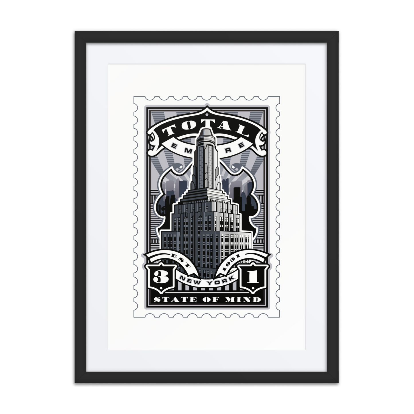 Posterized Empire State Building stamp art with Art Deco skyline and “Total Empire” banner, 1931 New York landmark illustration.