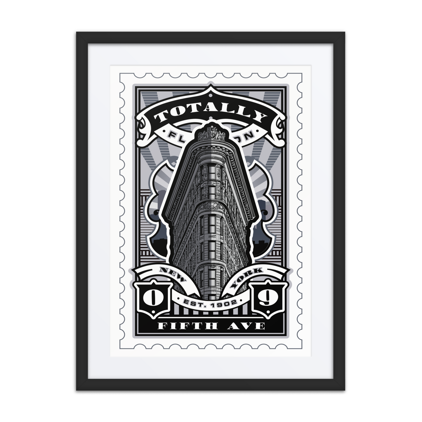 Flatiron Building art print in monochrome stamp-style design, featuring New York City’s iconic triangular skyscraper.