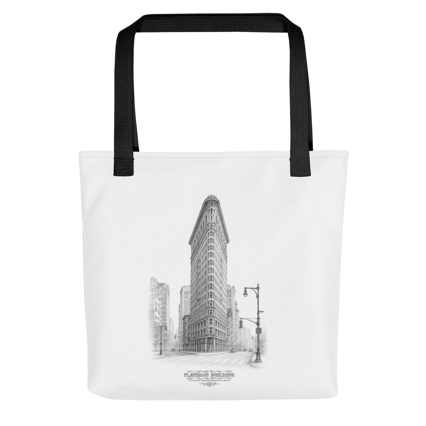 Flatiron Building sketch tote bag, hand-drawn New York landmark illustration, black and white architectural design, NYC historic skyscraper tote.