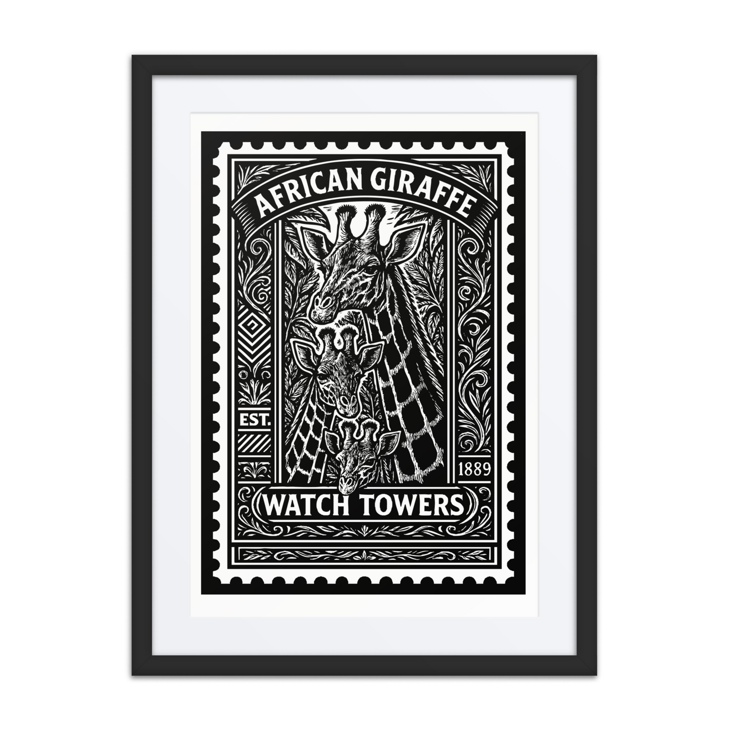 Linocut-style black and white stamp illustration of three African giraffes surrounded by tribal carvings and foliage, with bold contrast and engraved detail. Text reads "AFRICAN GIRAFFE – WATCHTOWERS EST. 1889"