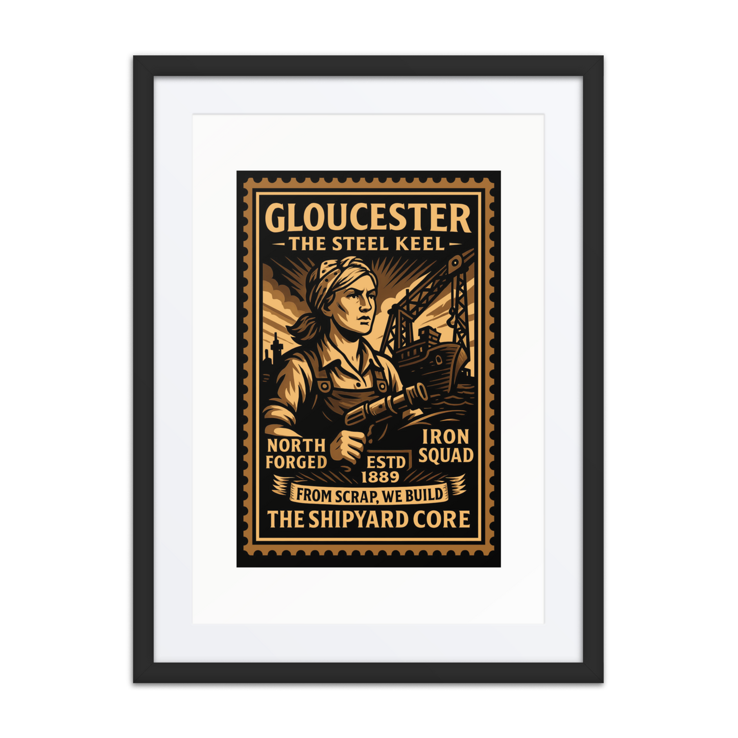 Linocut-style print of a Gloucester shipyard worker welding near drydock cranes and steel hulls along the waterfront.