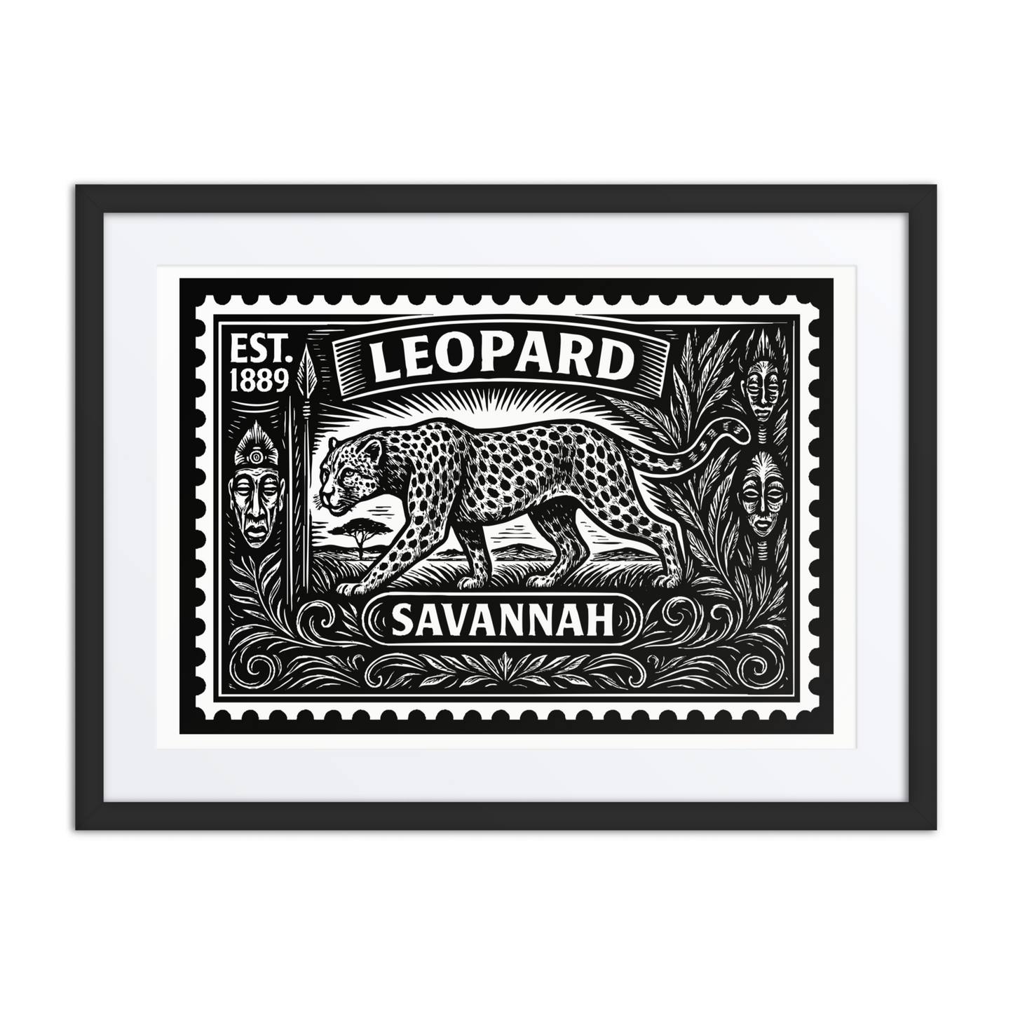 Linocut-style African leopard stamp print showing a crouched leopard in profile with spotted coat, surrounded by tribal patterns.