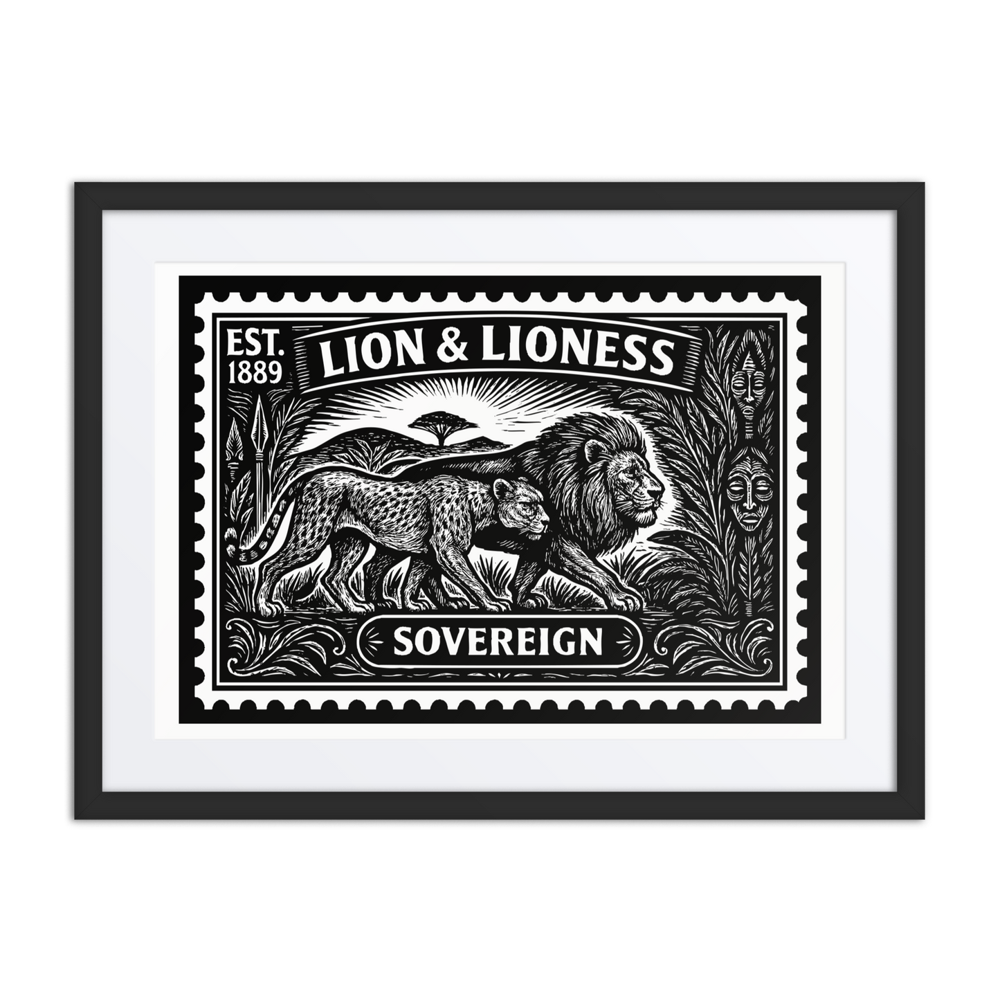 Black and white linocut-style stamp featuring a lion and lioness walking shoulder to shoulder through an African savanna. Tribal patterns, foliage, and distant trees frame the scene. The word "SAVANNA SOVEREIGNS" is displayed at the top in bold type.