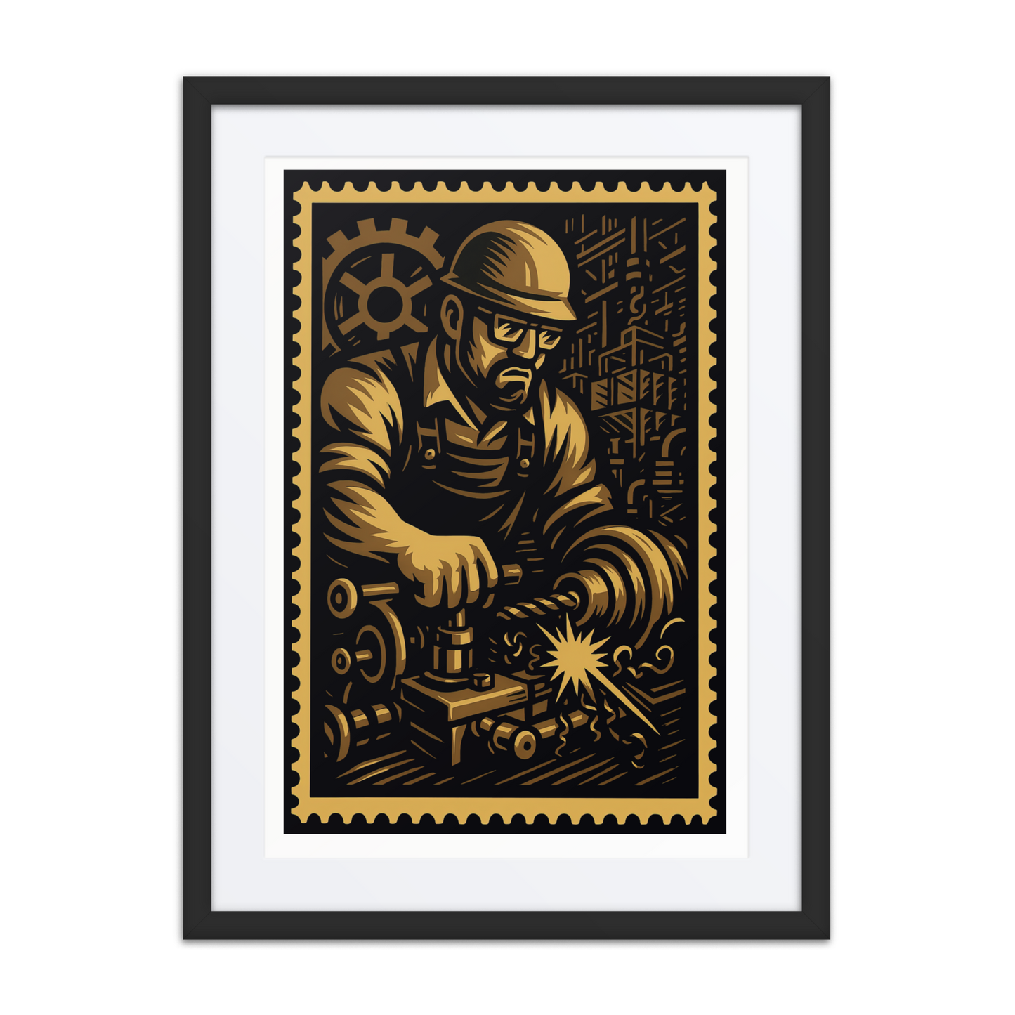 Linocut-style illustration of a machinist operating a lathe with sparks and gears surrounding the scene.