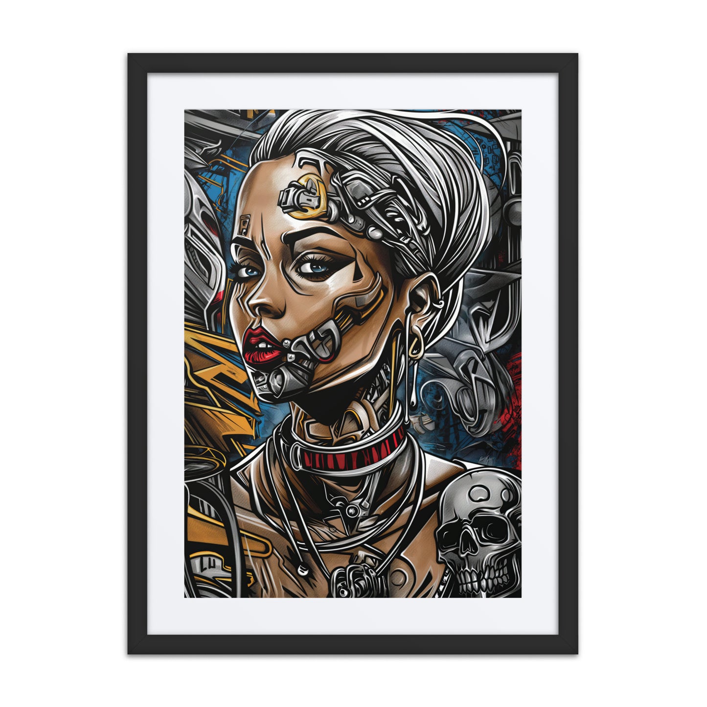 Futuristic woman with silver hair and cybernetic facial implants, wearing a high-tech collar and surrounded by industrial details and skull motifs