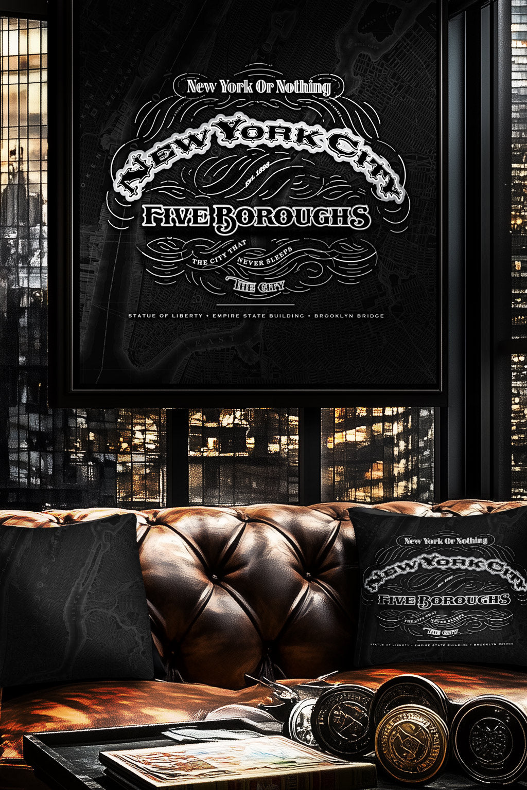 NYC Cartouche design featuring “New York City” and “Five Boroughs” over a detailed vintage map background, available as print, pillow, and tote.