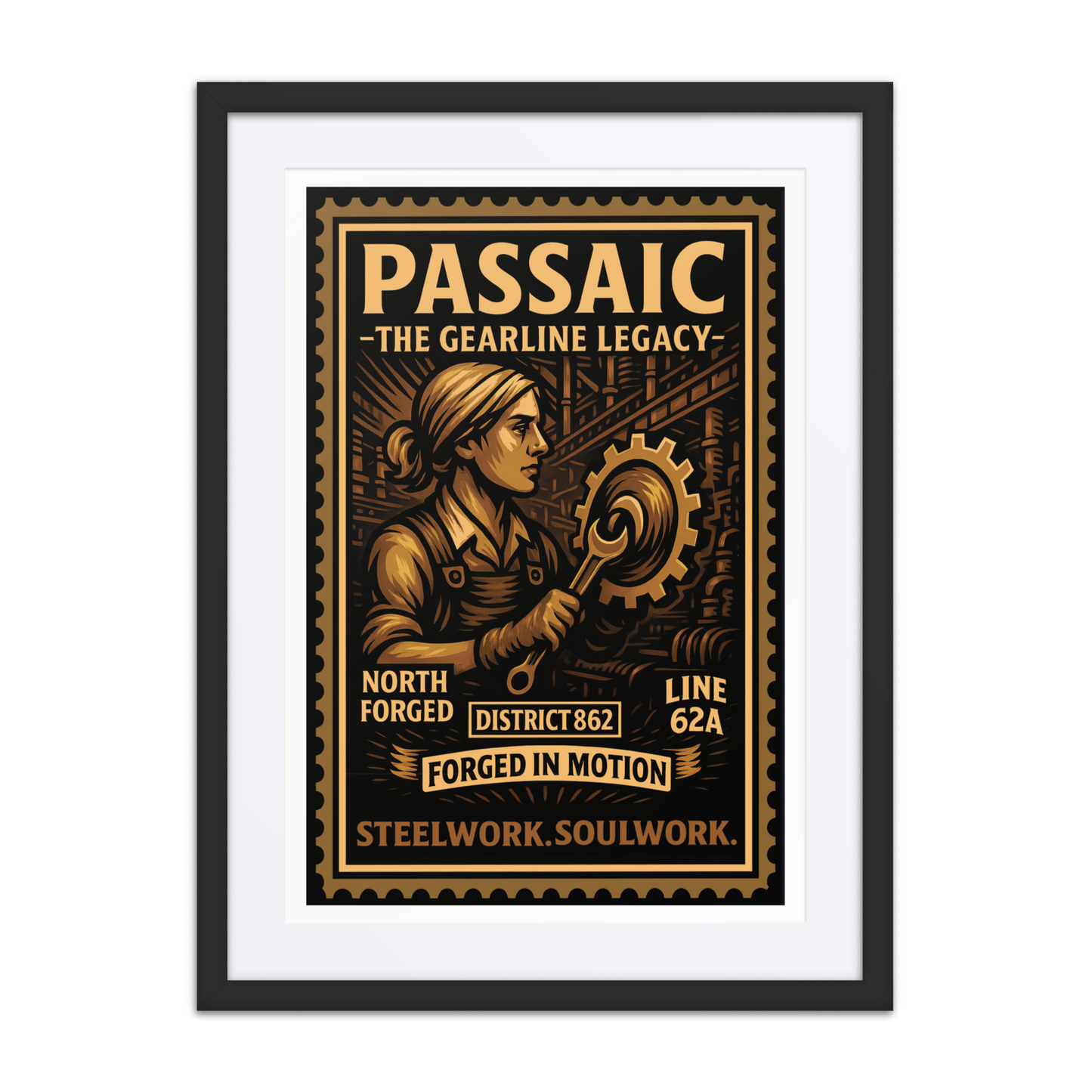 Linocut-style print of a Passaic factory worker holding a wrench beside spinning gears and conveyor belts in a smoky industrial setting.