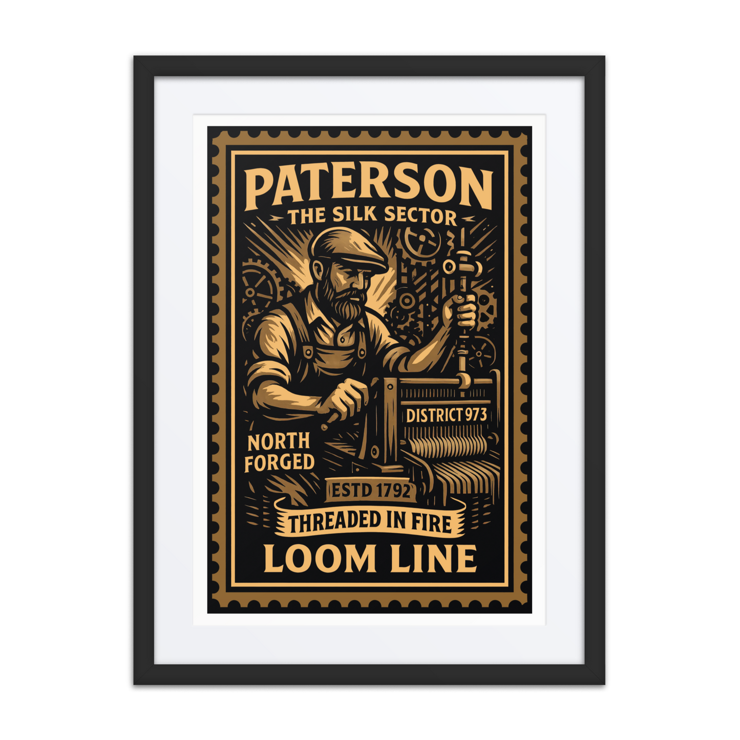 Linocut-style print of a Paterson textile worker operating a loom, surrounded by gears, thread spools, and factory walls.