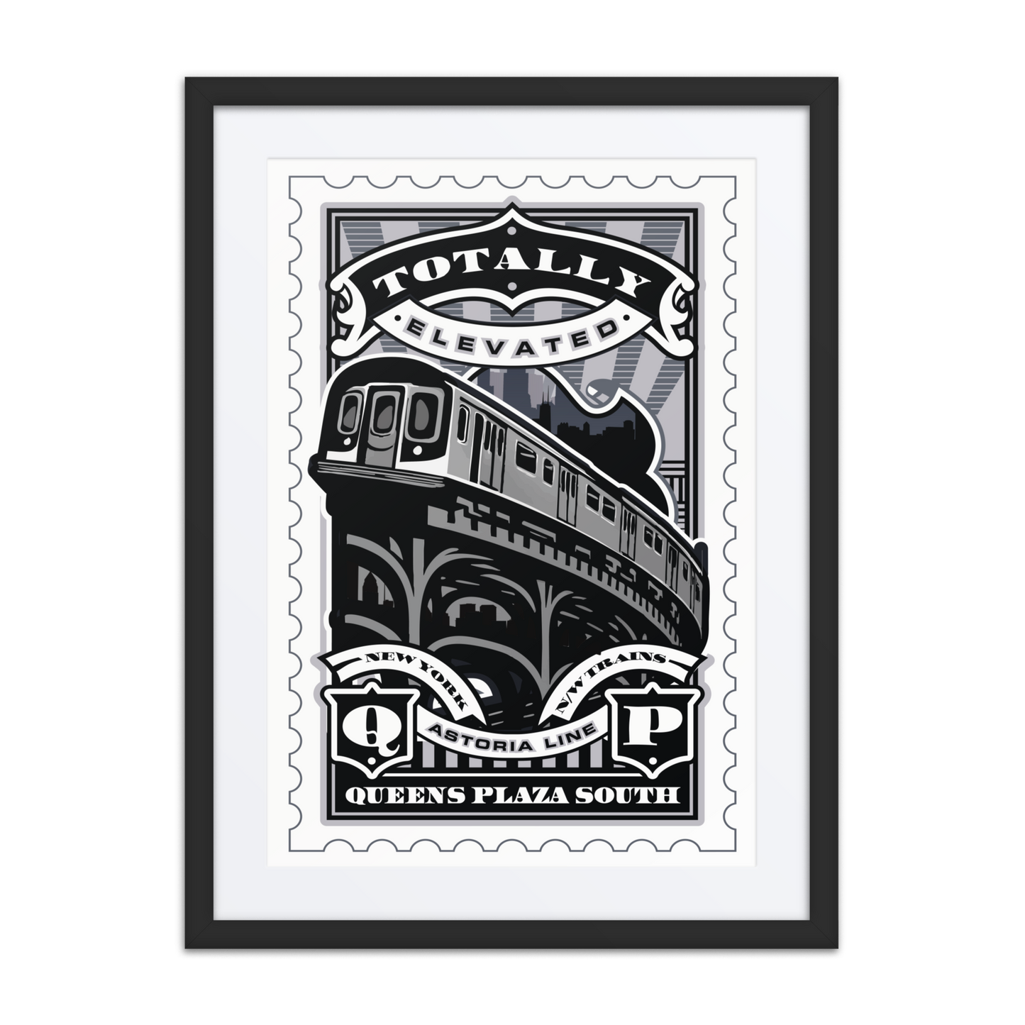 Linocut-style illustration of the Queens Plaza South elevated train tracks in NYC, featuring steel beams and urban rail lines carved in bold contrast.