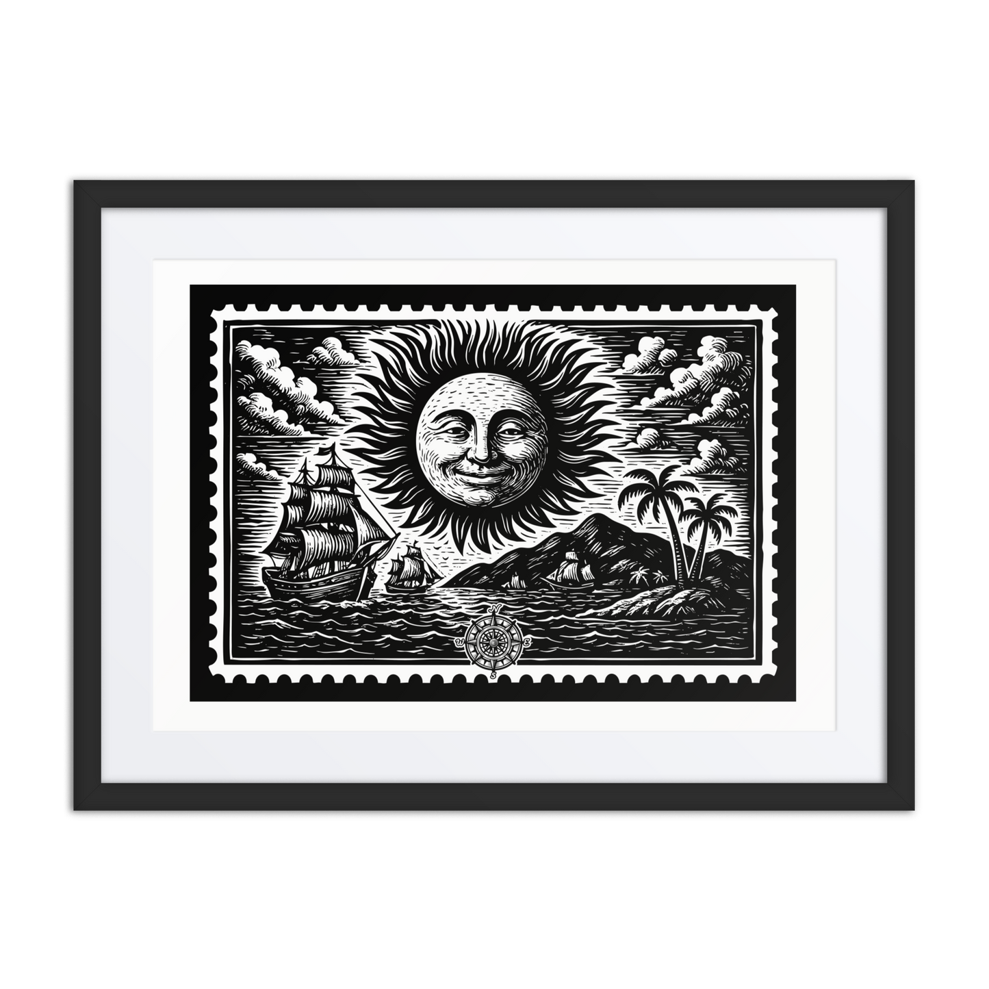 Black and white linocut-style illustration of a stylized winter sun face exhaling wind, part of a nautical seasonal stamp art series.