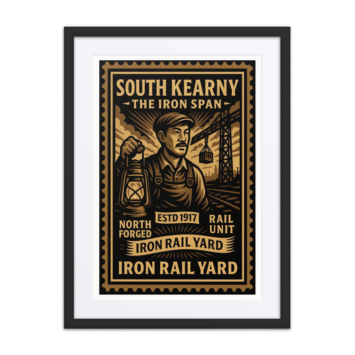 Linocut-style print of a South Kearny worker tightening bolts on industrial framework, surrounded by pipes, cranes, and cargo silhouettes.