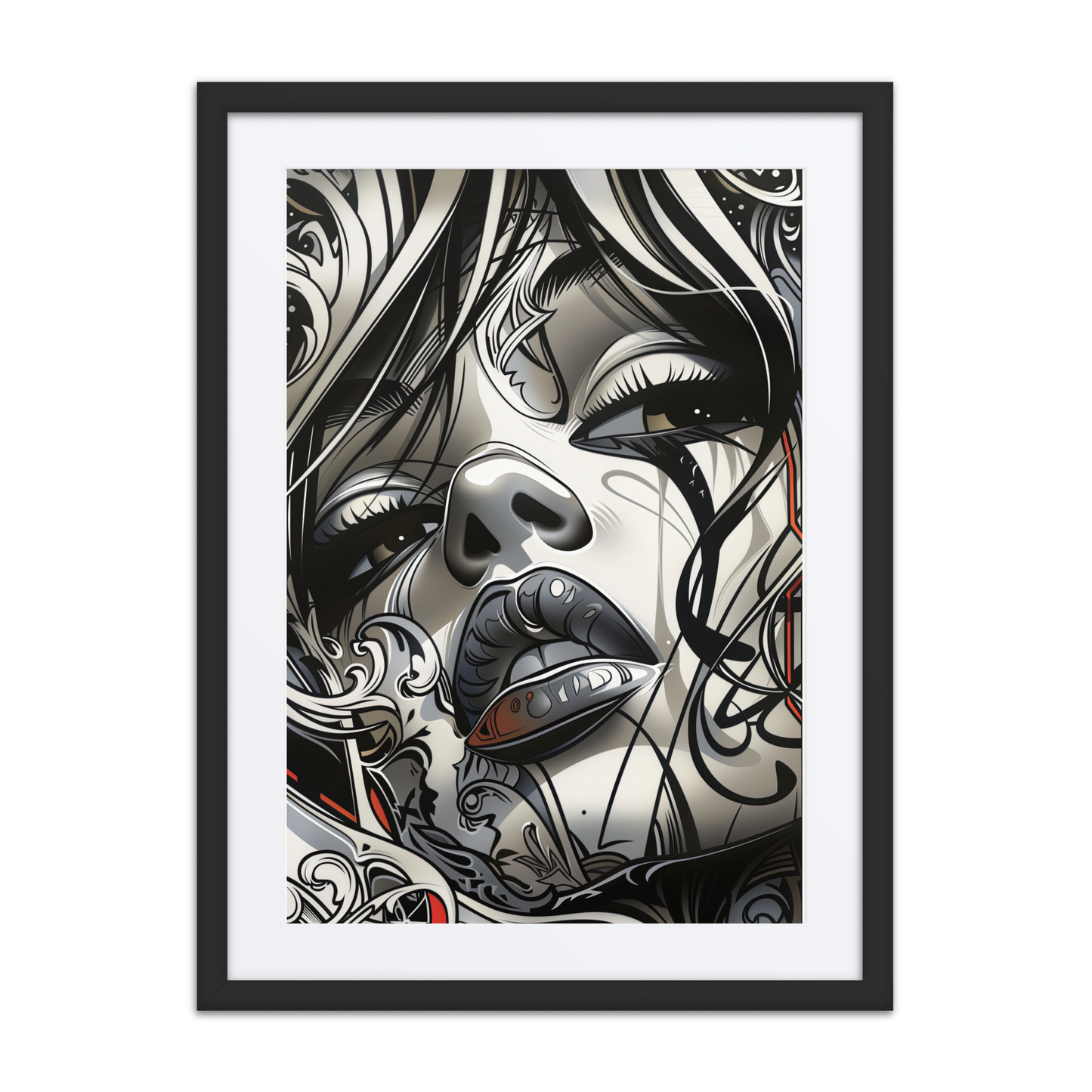 Close-up grayscale street art portrait of a woman’s face with swirling graffiti patterns, intricate linework, and sacred-style ornamentation—expressing strength and mystique.