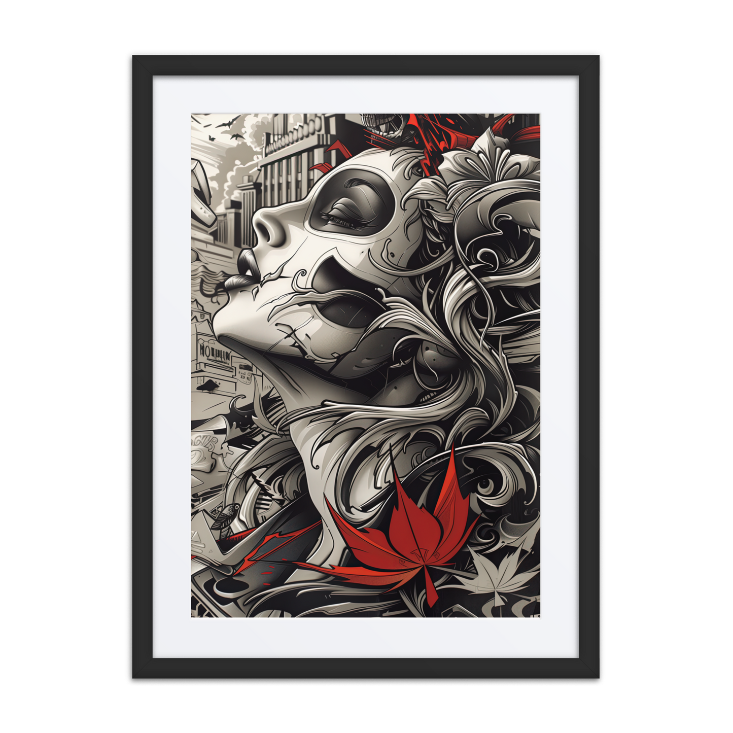 A stylized street art portrait of a woman with closed eyes, tribal face markings, flowing hair, and a red maple leaf, blending graffiti and Art Nouveau elements