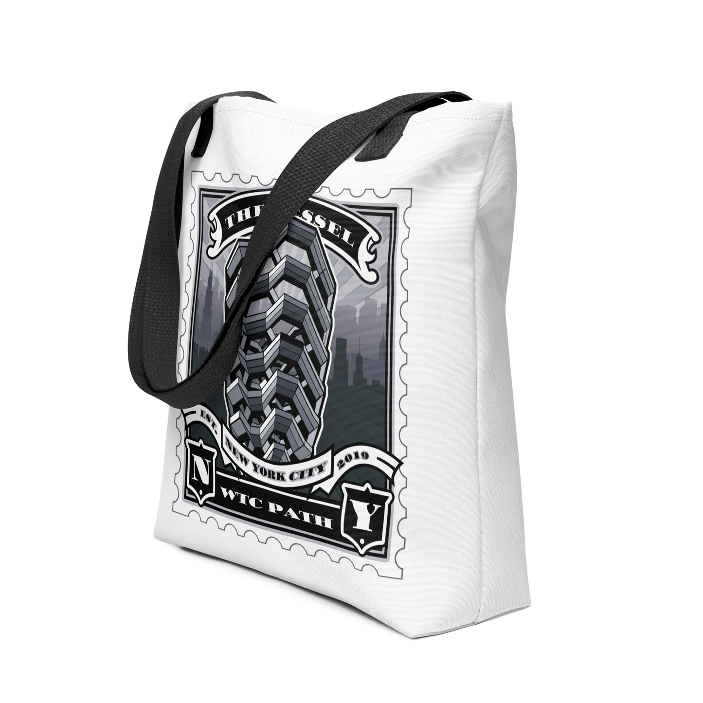 White canvas tote with The Vessel spiral stamp illustration, black handles, layered stair geometry and architectural detail.