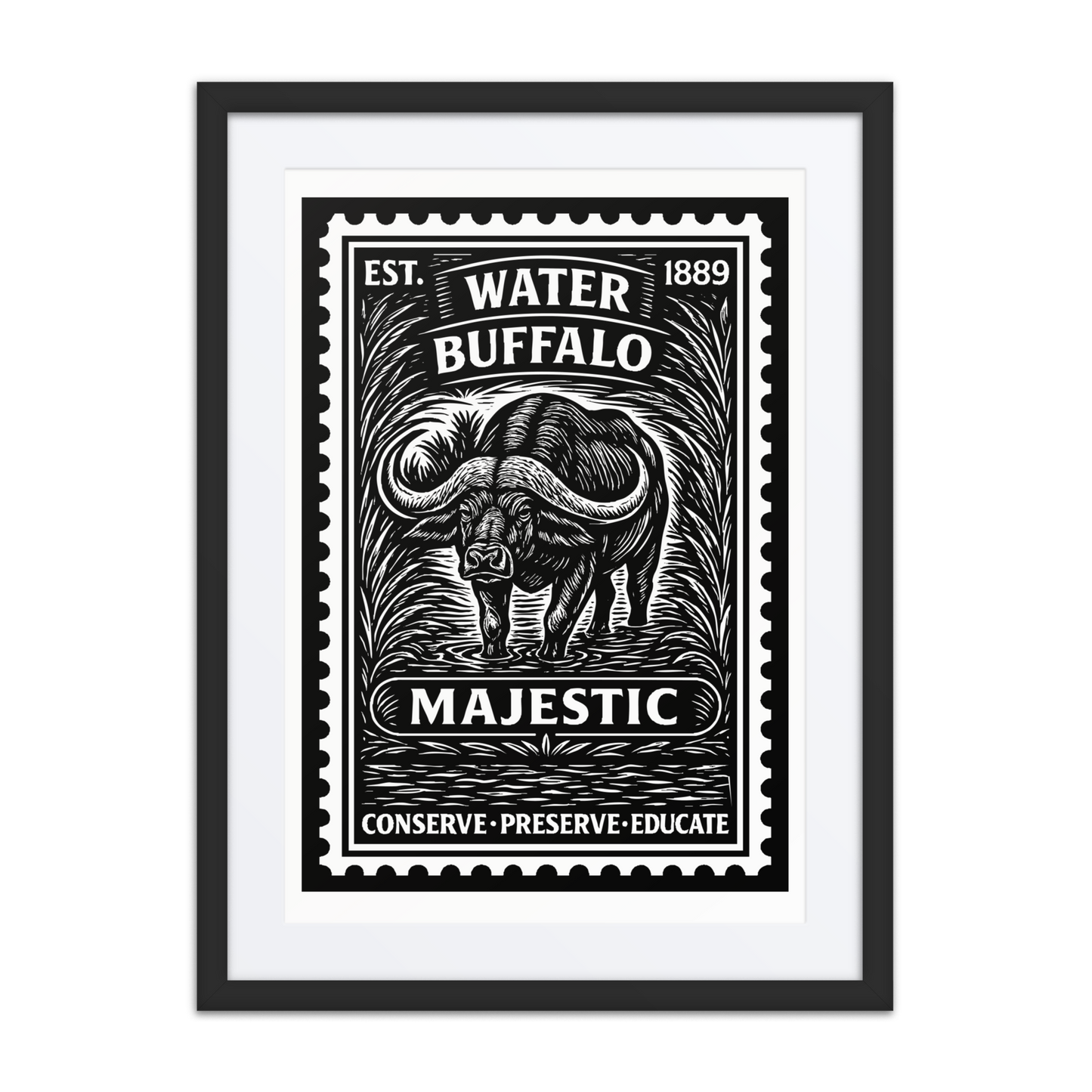 Black and white linocut illustration of a Water Buffalo emerging from an African floodplain, with engraved foliage and bold conservation banners.