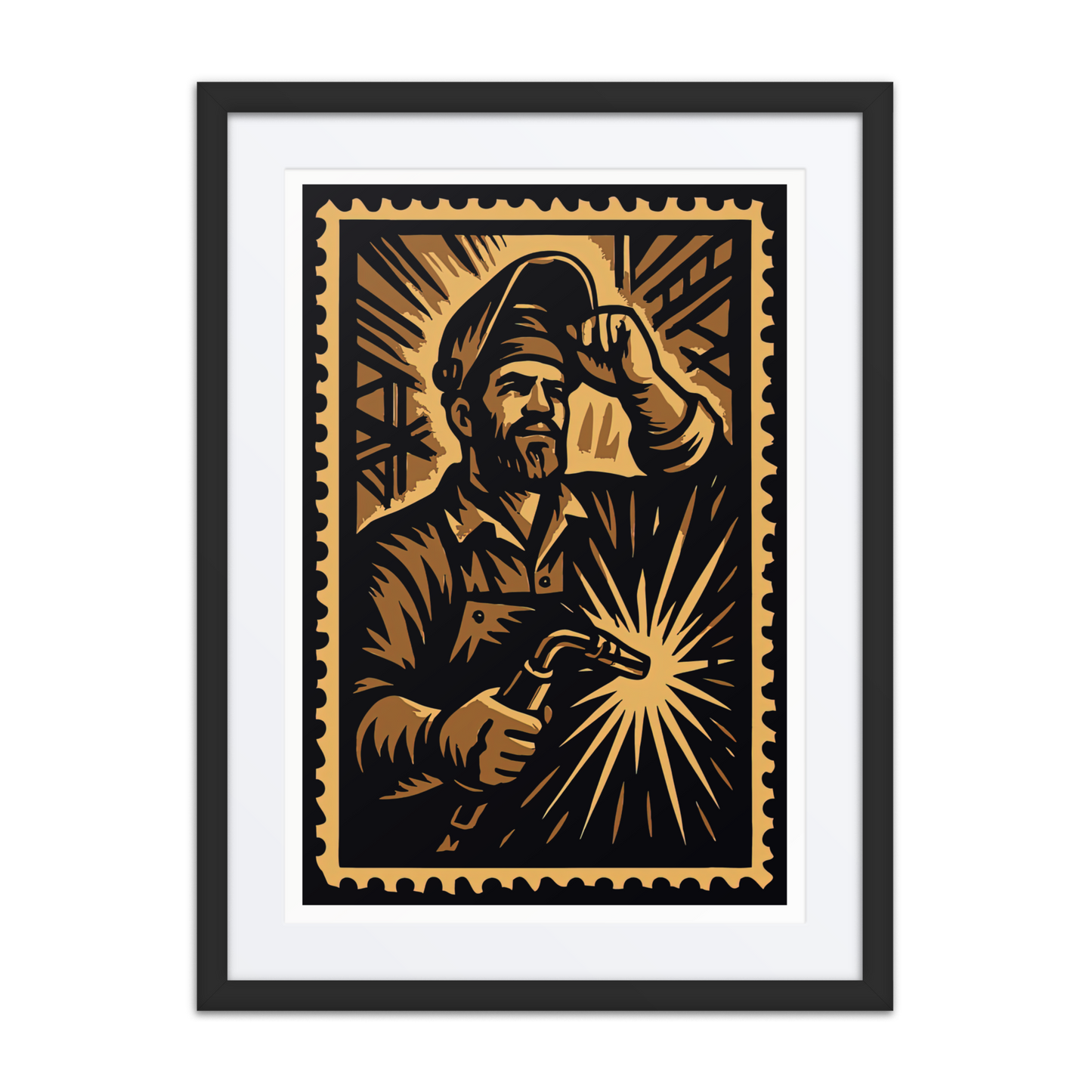 Sepia linocut-style illustration of an Ironbound welder fusing steel with a torch, surrounded by sparks and heavy machinery.