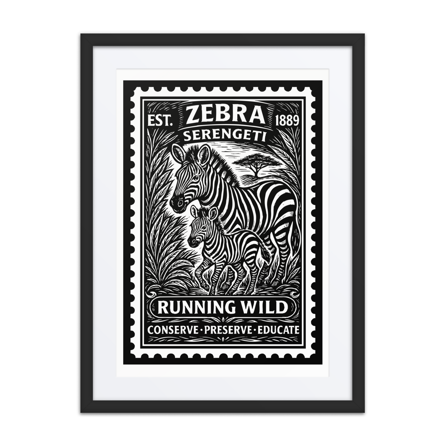 Black and white linocut-style stamp illustration of a mother zebra and her foal walking together through the Serengeti, framed by detailed vegetation and bold African design motifs.
