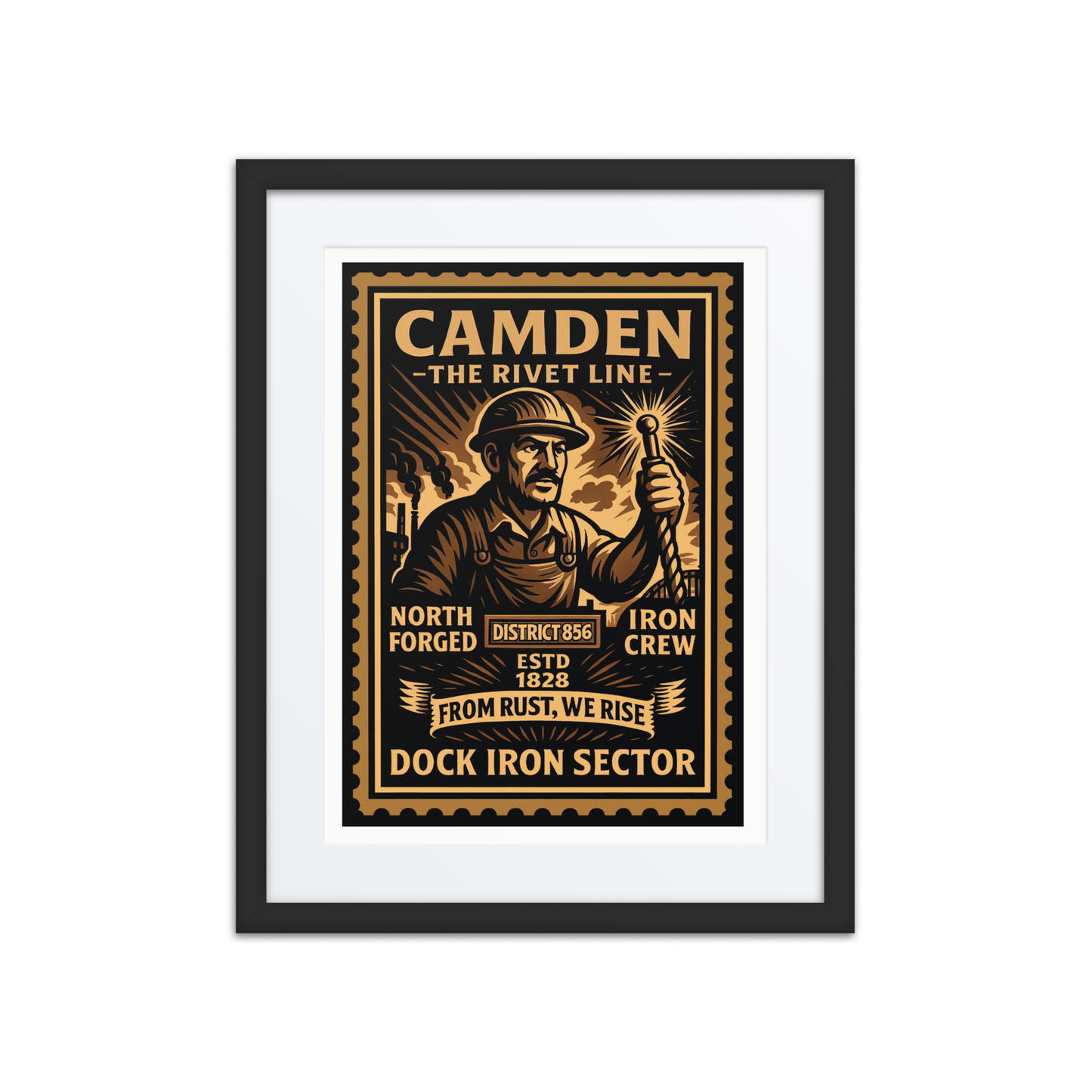 Linocut-style print of a Camden rail worker beside a freight train and smokestacks, with vintage industrial textures and stamped text.