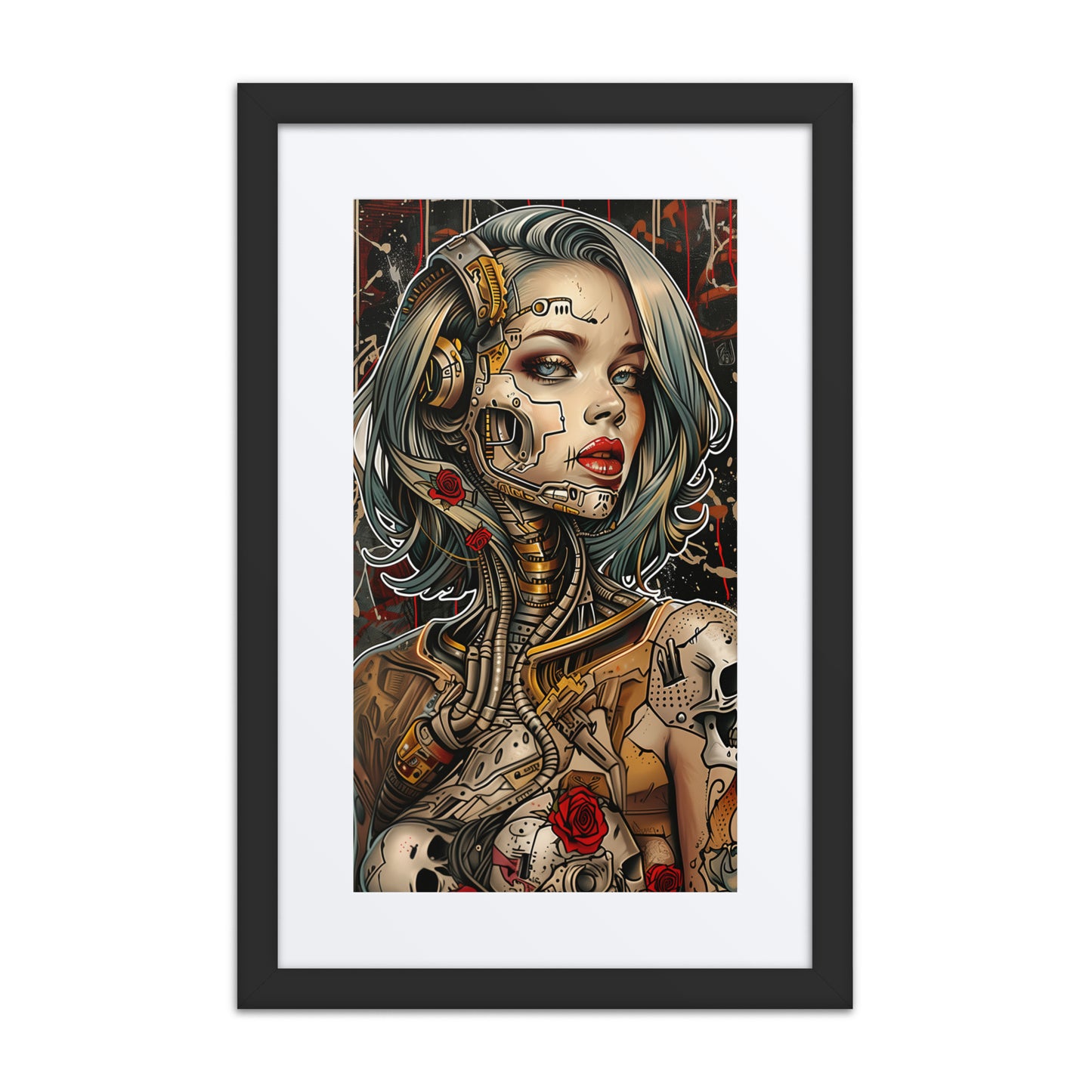 A vibrant print from the original painting, showcasing a mechanical rose that blends nature and technology in a cyberpunk aesthetic.