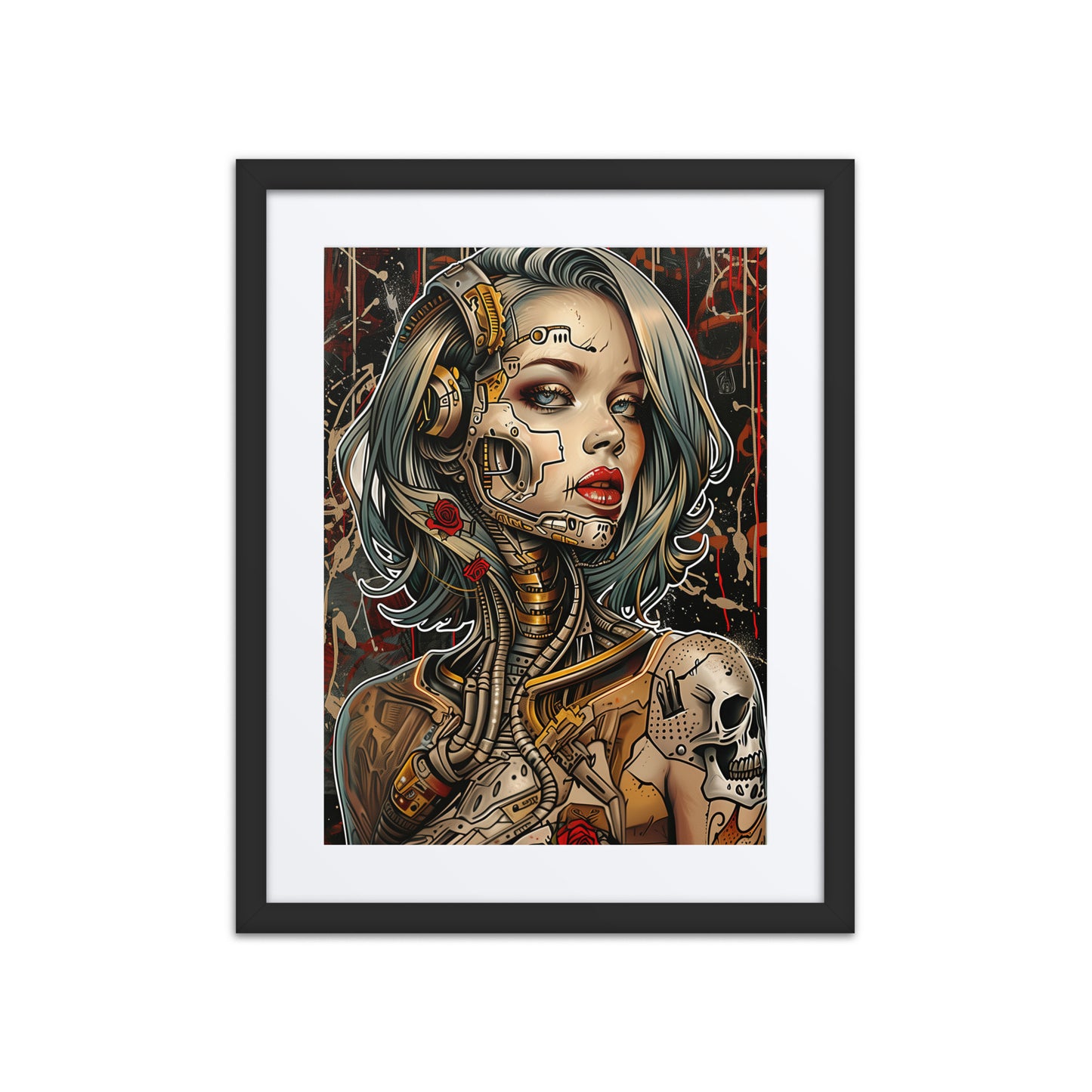 A vibrant print from the original painting, showcasing a mechanical rose that blends nature and technology in a cyberpunk aesthetic.