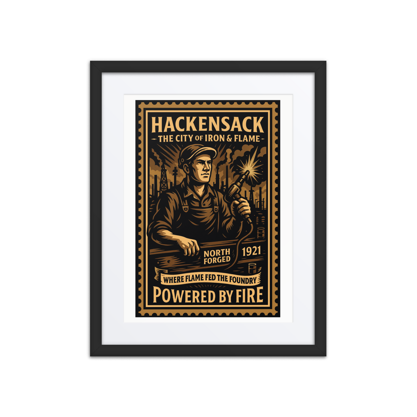 Vintage linocut-style print of a Hackensack torch welder cutting steel, surrounded by smokestacks, tanks, and glowing flame.