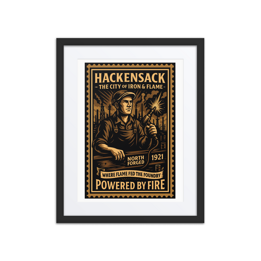 Vintage linocut-style print of a Hackensack torch welder cutting steel, surrounded by smokestacks, tanks, and glowing flame.