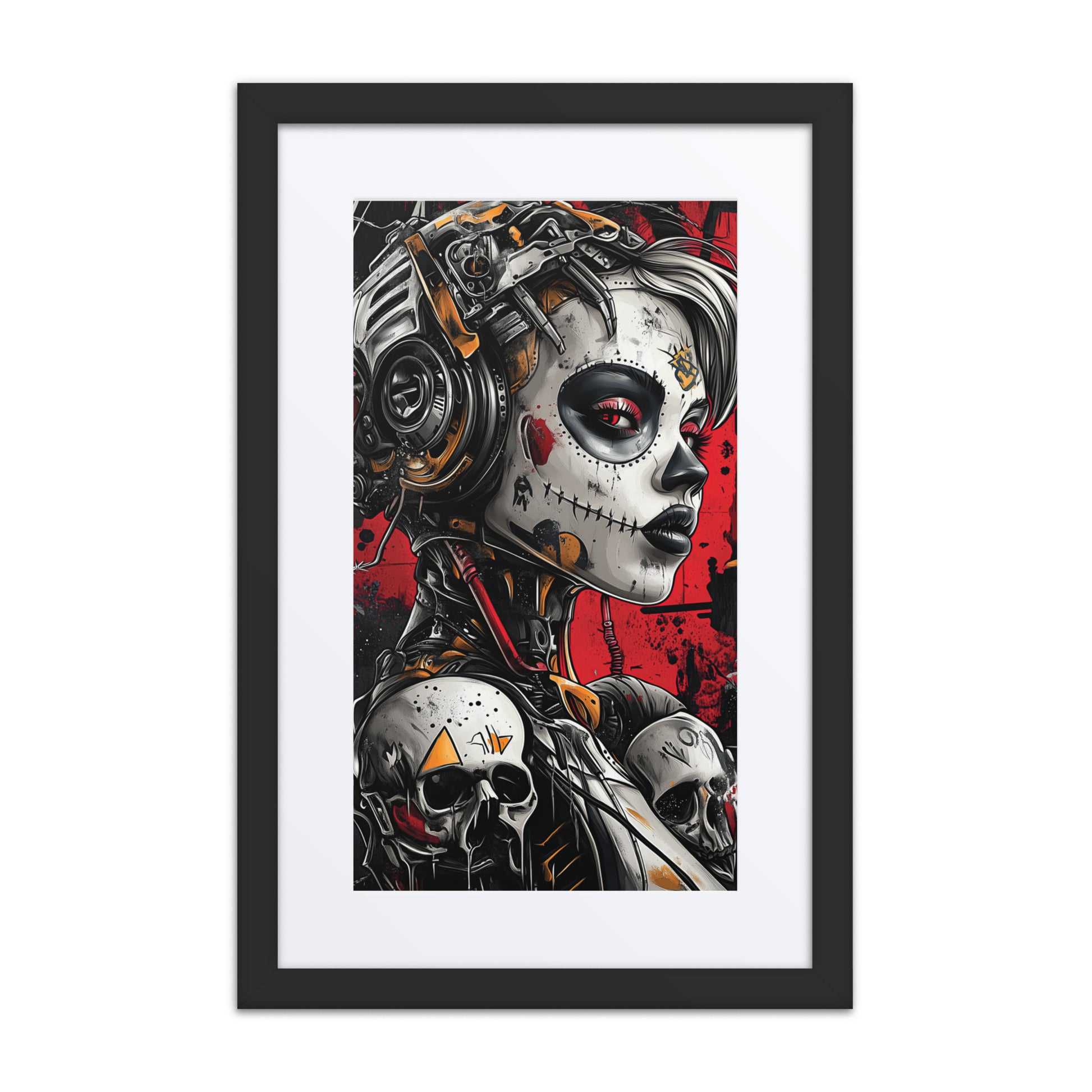 A vibrant print from the original painting, featuring bold lines, cryptic symbols, and a haunting fusion of humanity and technology that embodies cyberpunk resilience and rebellion.