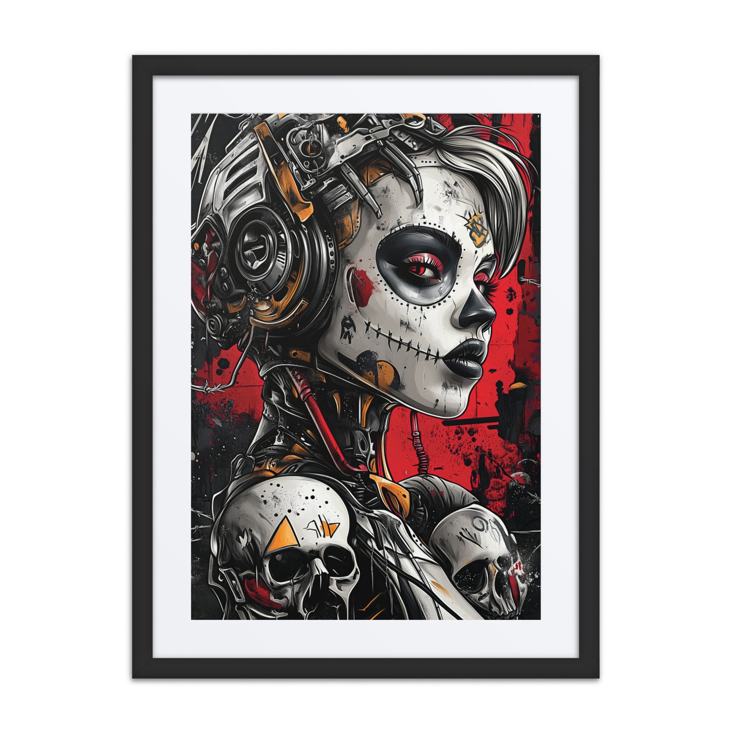 A vibrant print from the original painting, featuring bold lines, cryptic symbols, and a haunting fusion of humanity and technology that embodies cyberpunk resilience and rebellion.