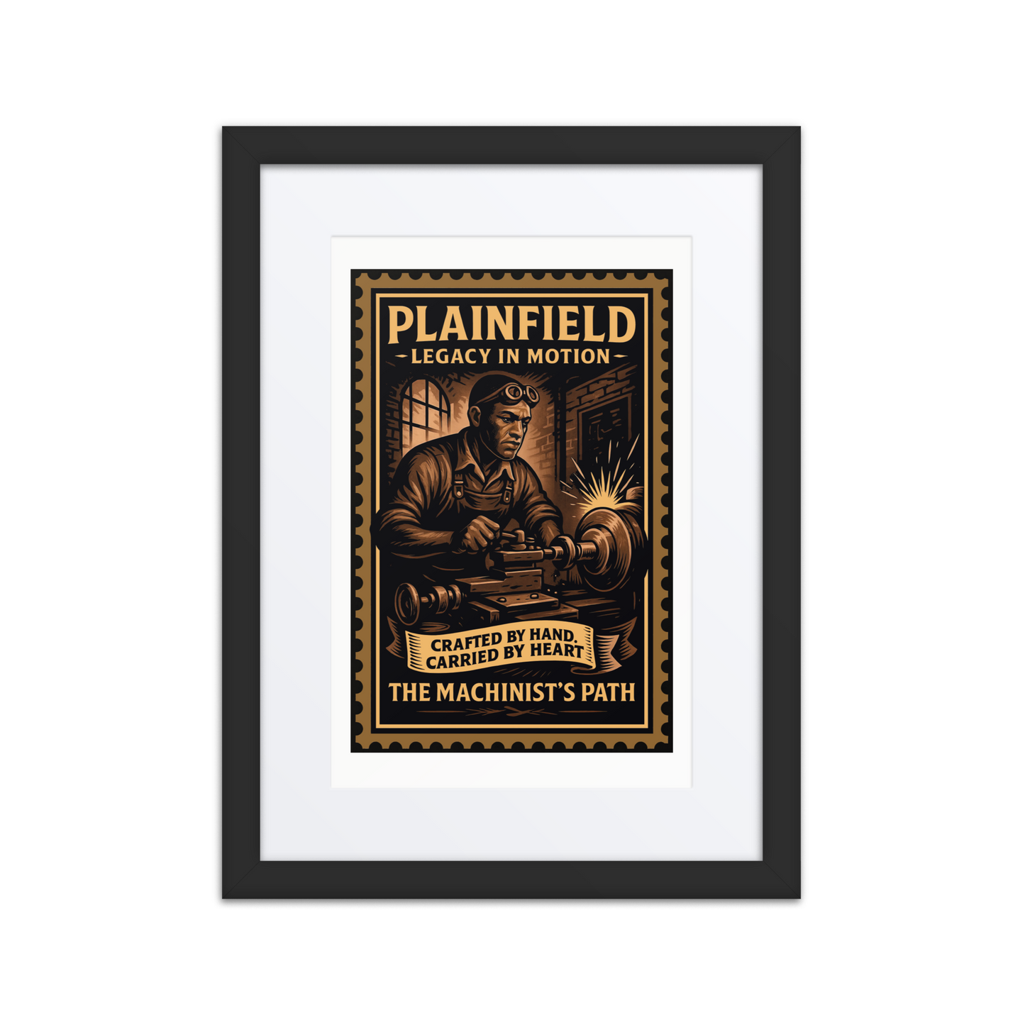 Linocut-style print of a Plainfield machinist working at a lathe, surrounded by factory walls, gears, and stamped text.