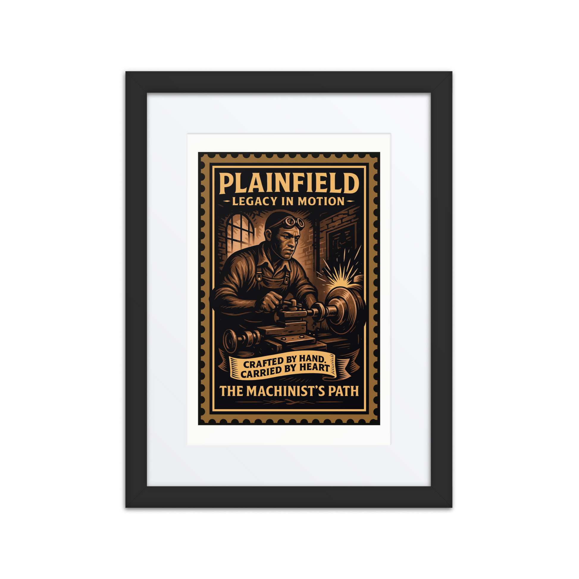 Linocut-style print of a Plainfield machinist working at a lathe, surrounded by factory walls, gears, and stamped text.