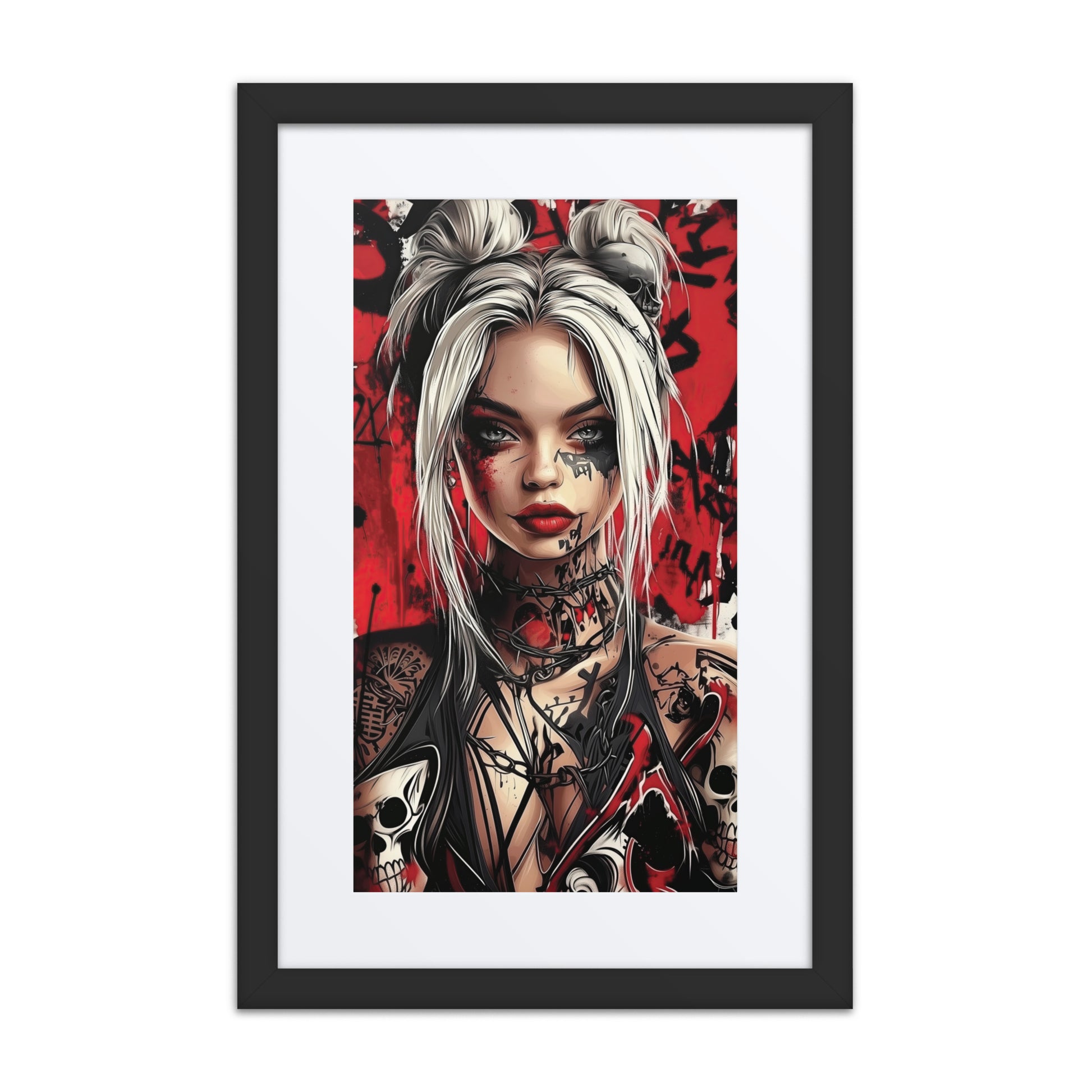 A bold print from the original painting, featuring vivid crimson tones, barbed wire details, and tattoo-inspired motifs that embody individuality, rebellion, and strength.