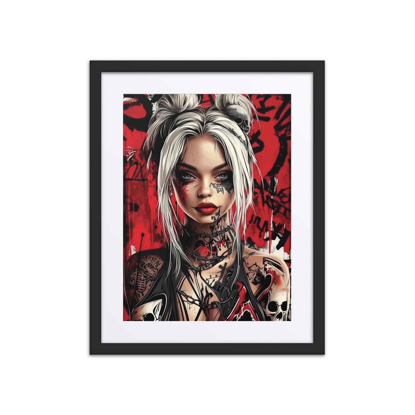 A bold print from the original painting, featuring vivid crimson tones, barbed wire details, and tattoo-inspired motifs that embody individuality, rebellion, and strength.