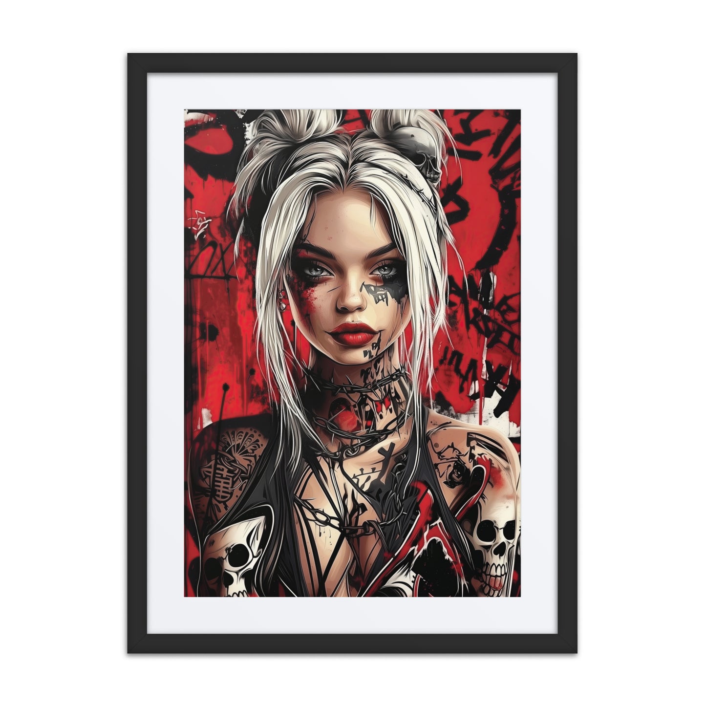 A bold print from the original painting, featuring vivid crimson tones, barbed wire details, and tattoo-inspired motifs that embody individuality, rebellion, and strength.