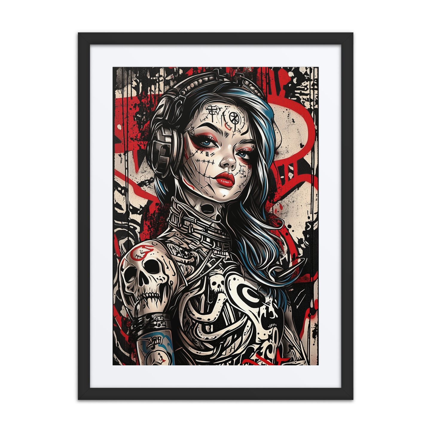 A striking print from the original painting, featuring a regal queen with bold lines and intricate post-apocalyptic elements in a cyberpunk style.